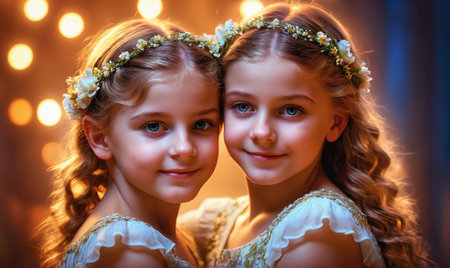 Two young girls with flower crowns smile at the camera in front of a warm, glowing lightの素材