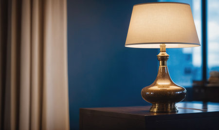 A brass lamp sits on a dark wooden table beside a sheer, cream curtainの素材