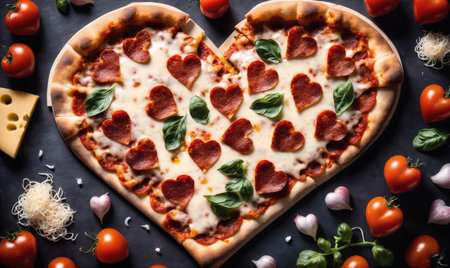 A heart-shaped pizza topped with pepperoni hearts, mozzarella cheese, and basil, surrounded by tomatoes and garlicの素材