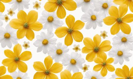 Yellow and white flowers bloom against a white backgroundの素材