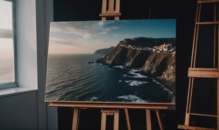 A canvas painting depicting a coastal landscape with rocky cliffs and crashing waves, displayed on an easel in a studio settingの素材
