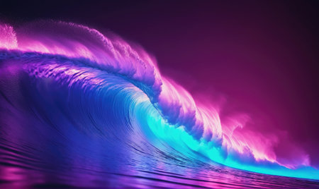 A large wave crashes in the ocean at night, lit up in vibrant purple and blue huesの素材