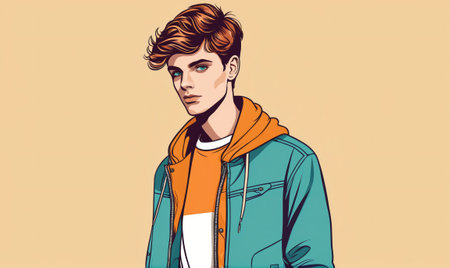 A young man with red hair and blue eyes is wearing a blue jacket with an orange hoodie underneathの素材