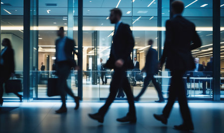 Business professionals walk briskly through a modern office building, likely on their way to a meeting or a busy workdayの素材