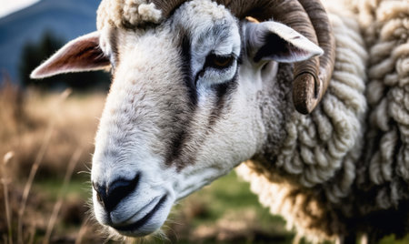 A close-up of a sheep with curled horns, standing in a field of grassの素材