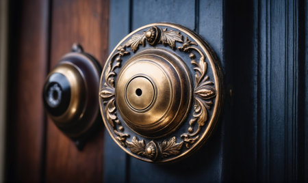 A close-up of an ornate doorbell on a dark wooden doorの素材