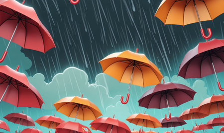 A colorful array of umbrellas float in the sky, shielding from the rain on a cloudy dayの素材
