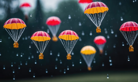Red and yellow parachutes with small houses attached float gently through a rainy skyの素材