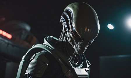 An alien with glowing red eyes looks down, possibly threateningly, in a dimly lit, industrial settingの素材