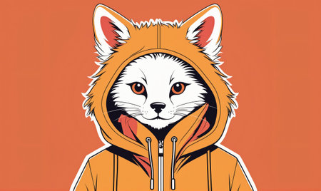 A white fox wearing an orange hoodie with the hood up, looking directly at the cameraの素材