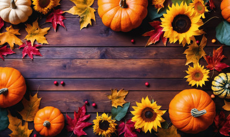 Pumpkins, sunflowers, and fall leaves are arranged on a wooden tableの素材
