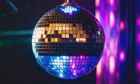 A disco ball hangs in a dimly lit room, reflecting colorful lights onto the wallsの素材