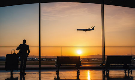 A traveler watches an airplane take off at sunset from an airport terminalの素材