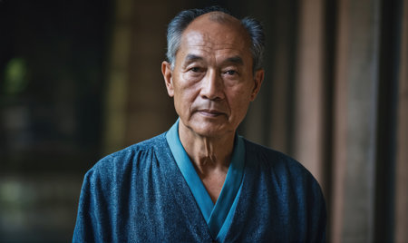 An older man in a blue robe looks directly at the camera in front of a wooden wallの素材