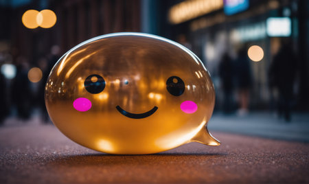 A golden balloon with a smiling face sits on a city street at nightの素材
