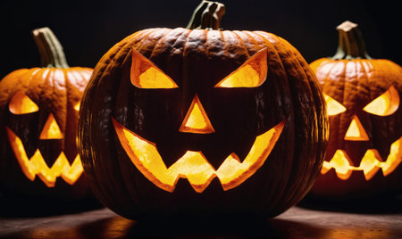Three lit jack-o-lanterns sit on a dark surfaceの素材