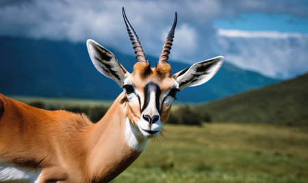 A Thomsons gazelle stands in a grassy field, looking directly at the camera with its long, curved hornsの素材