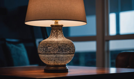 An ornate lamp sits on a wooden table near a window, casting a warm glowの素材