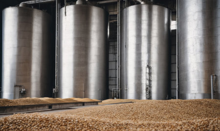 Large grain silos stand tall next to a pile of harvested grainの素材