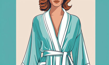 A woman wearing a blue and white robe stands against a cream backgroundの素材