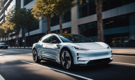A white electric car speeds down a city street, surrounded by buildings and treesの素材
