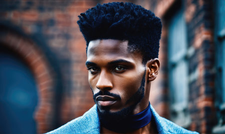 A man with a high top fade hairstyle stands in front of a brick wallの素材