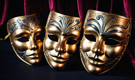 Three golden masks, each with a unique expression, sit in front of a red curtain, ready for a performanceの素材