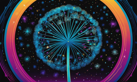 A vibrant blue dandelion with glowing seeds against a dark background with colorful swirlsの素材