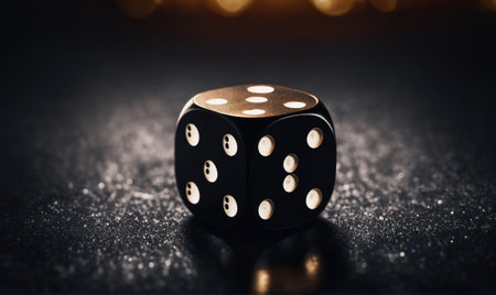 A black die with white dots sits on a dark surface, illuminated by warm lightの素材