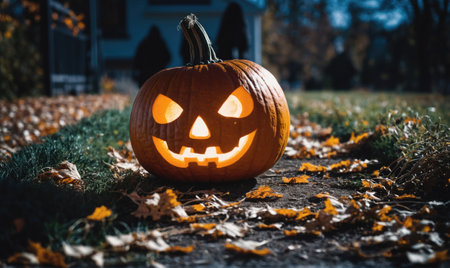 A lit jack-o-lantern sits on a path covered in fallen leaves on a Halloween nightの素材