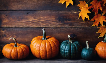 A row of pumpkins and gourds sit in front of a wooden wall with autumn leavesの素材