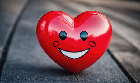 A red heart with a smiling face sits on a wooden surfaceの素材