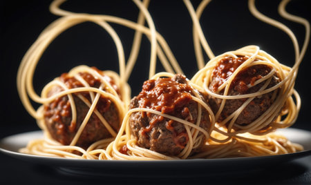 Spaghetti and meatballs are served on a black plate with the spaghetti strands flying up in the airの素材