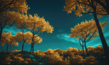 Tall trees with golden leaves reach for a vibrant blue sky, creating a dramatic scene in the forestの素材
