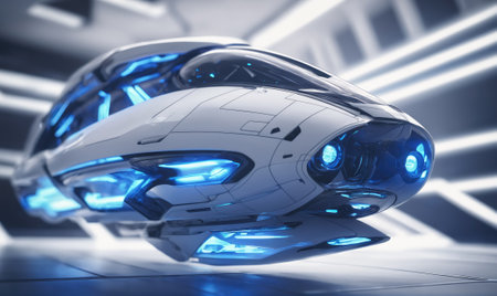 A futuristic white flying car hovers in a sleek, modern hangarの素材