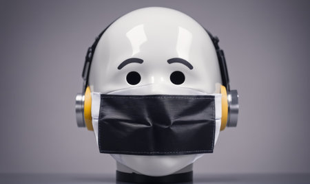 A white mannequin head with drawn-on eyebrows and eyes is wearing a black face mask and yellow ear loopsの素材