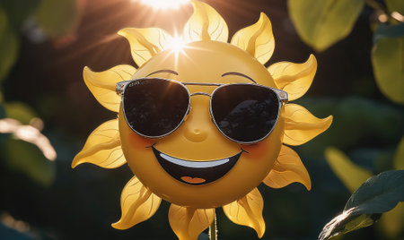 A smiling sun wearing sunglasses is surrounded by green leavesの素材
