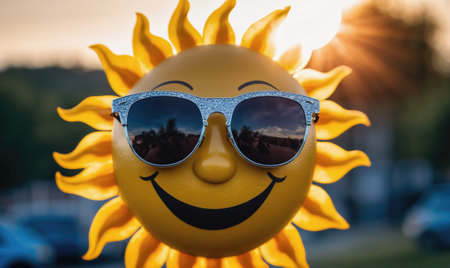 A yellow sun with a smiling face and blue sunglasses looks at the camera during a sunny dayの素材