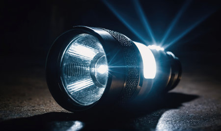 A flashlight beams brightly in the dark, illuminating the surrounding area with its powerful lightの素材