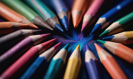 A close-up of colorful pencils arranged in a circle, their points meeting in the centerの素材