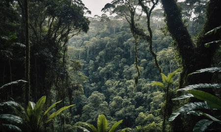A dense rainforest canopy in the Amazon, with sunlight filtering through the leavesの素材