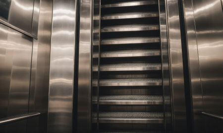 A stainless steel elevator shaft with a descending escalatorの素材