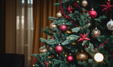 A close-up of a decorated Christmas tree with red and gold ornaments and a red beaded garlandの素材