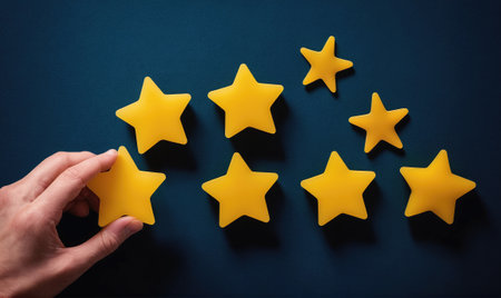 A hand places a yellow star on a blue background, adding to a cluster of five-star ratingsの素材