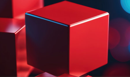 A red cube sits in the center of the frame with other red cubes behind it, all lit with bright blue lightsの素材