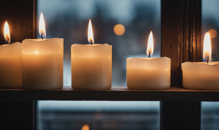 Five candles burn brightly on a windowsill, casting a warm glow against the wintery backdropの素材