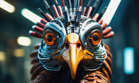 A close-up of a robotic birds head, with intricate metalwork and glowing orange eyes, suggests a futuristic worldの素材