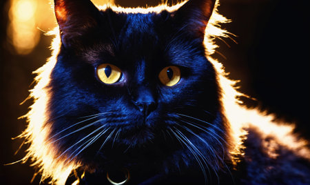 A black cat with yellow eyes is staring at the cameraの素材