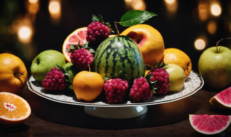 A silver platter filled with watermelon, oranges, apples, and raspberries sits on a dark wooden tableの素材