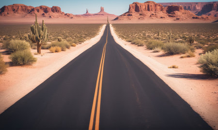 A long, straight road stretches through the desert, flanked by cacti and red rock formationsの素材